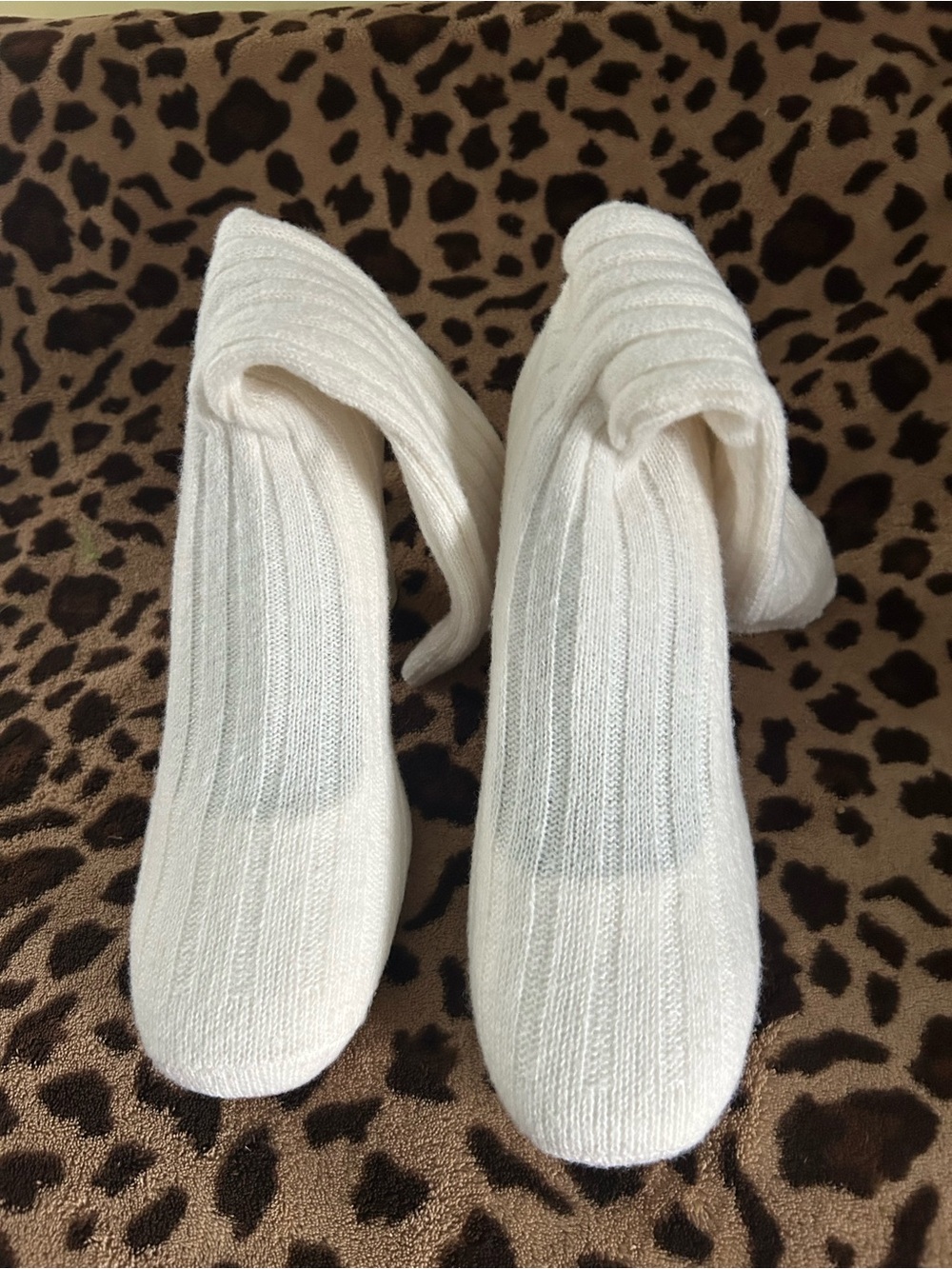Cream Ribbed Knit Ankle-Wrap Block Heels